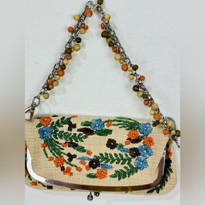 Rafe Beige Embroidered Floral Beaded-Chain Clutch